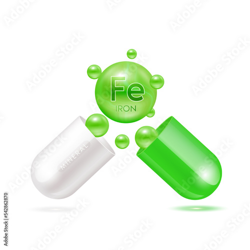 Iron mineral in capsule green 3d isolated on white background. Vector EPS10 illustration. Vitamins minerals complex for product design. Medical scientific concepts.