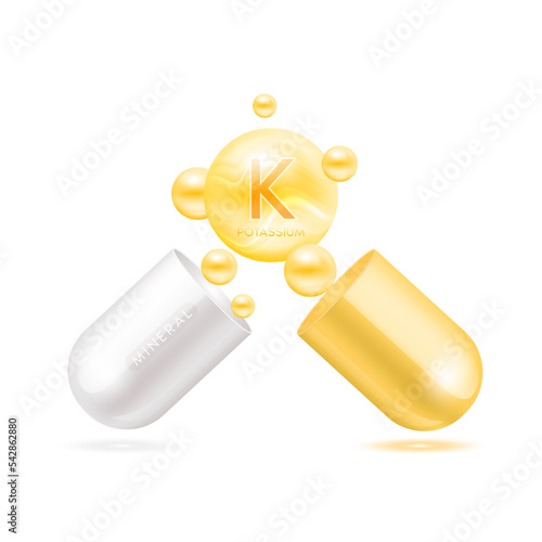 Potassium mineral in capsule yellow 3d isolated on white background. Vector EPS10 illustration. Vitamins minerals complex for product design. Medical scientific concepts.