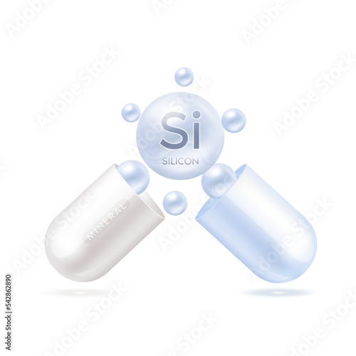 Silicon mineral in capsule blue 3d isolated on white background. Vector EPS10 illustration. Vitamins minerals complex for product design. Medical scientific concepts.