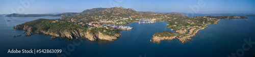 Aerial panorama of Porto Cervo Coastline, Sardinia Italy.