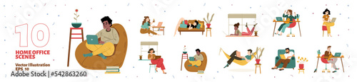 Set freelancers work at home office, relaxed characters working remotely on laptops at comfortable domestic environment. Outsourced freelance self-employed employees Line art flat vector illustration