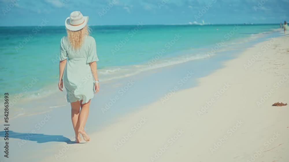 Girl Walking Tropical Hawaii Beach.Beautiful Woman Relaxing On Bahamas Flowing Dress Blowing In Wind.Woman In Hat Walks Along Beach On Caribbean Coast.Travel Mood Wind Blows Dress On Ocean Resort. Girl Walking Tropical Hawaii Beach.Beautiful Woman Relaxing On Bahamas Flowing Dress Blowing In Wind.Woman In Hat Walks Along Beach On Caribbean Coast.Travel Mood Wind Blows Dress On Ocean Resort.