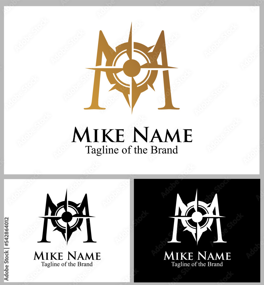 compas arrow inside M text custom logo vector illustration
