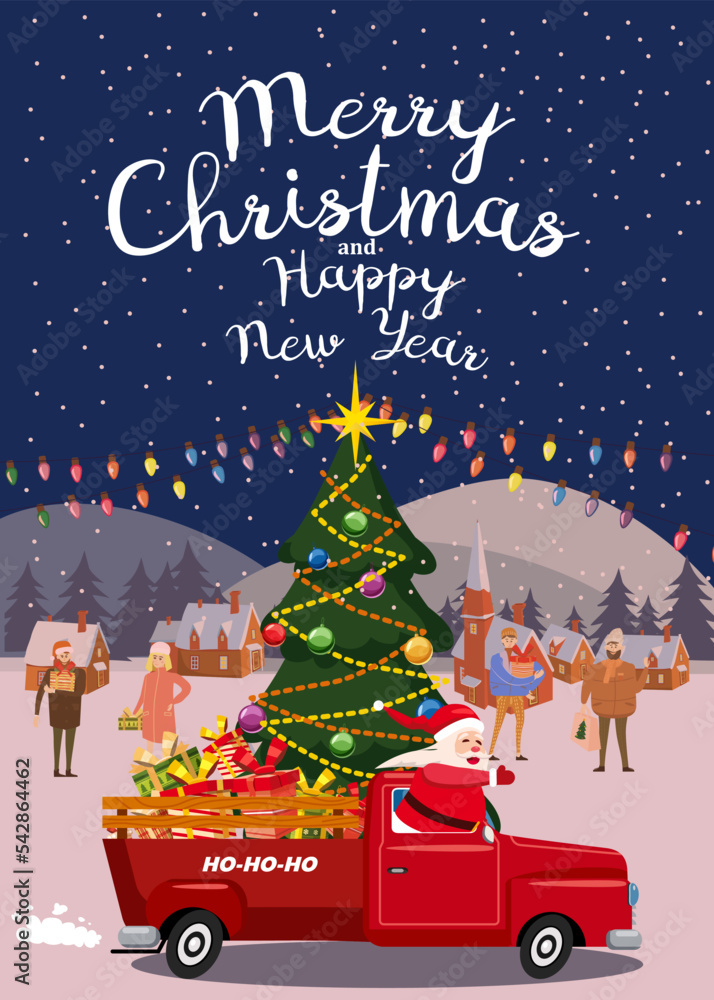 Fototapeta premium Santa Claus drives an old retro car, truck