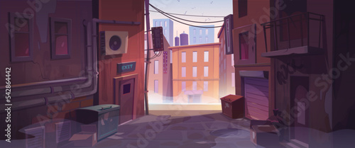 Empty dark urban backstreet with garbage containers. Cartoon vector illustration of dirty city street, silhouettes of modern skyscrapers, birds flying in blue sky. Shabby dangerous place, crime scene