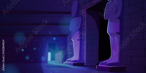Ancient pyramid in Egypt, pharaoh tomb inside. Old Egyptian temple, historic building interior with stone walls, statues and hieroglyphs at night, vector cartoon illustration