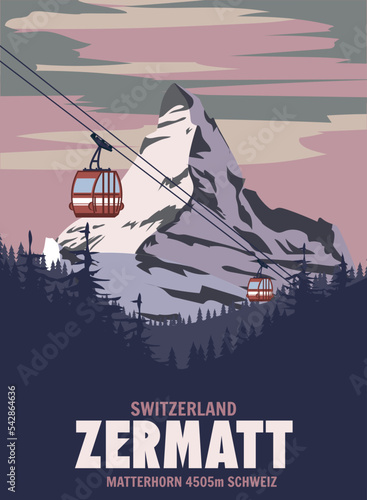 Zermatt Ski resort poster, retro. Alpes Winter travel card