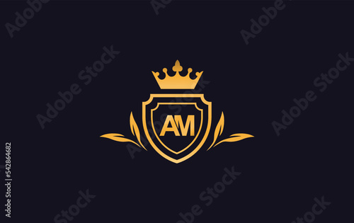 Shield with crown icon and Royal luxury crown monogram symbol. King with laurel wreath queen and crown logo design vector symbol