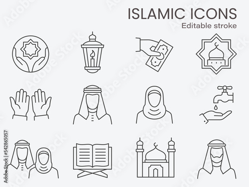 Islamic icons, such as muslim family, quran, ramadan and more. Editable stroke.
