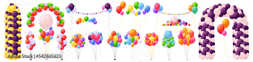 Helium balloons, bunch, arches and garlands isolated set. Multicolored decoration for holidays, store grand opening ceremony, birthday or party event on white background, Cartoon vector illustration