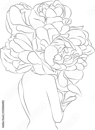 Woman with flowers in hair composition. Abstract minimal portrait. Hand drawn line art illustration.