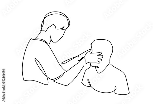 ENT doctor, otolaryngologist provides emergency medical care to the patient continuous one line vector illustration. Male nurse taking care to illness patient at clinic.