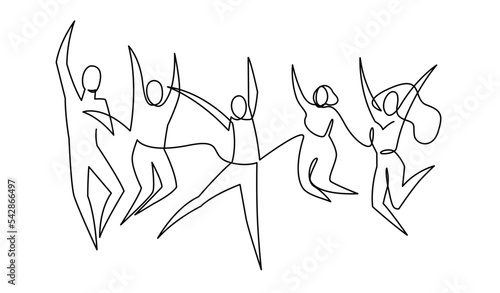Happy people jumping continuous one line vector illustration. Young funny teens guy, girl jumping together for joy joyful celebration victory team of smiling students celebrates success.