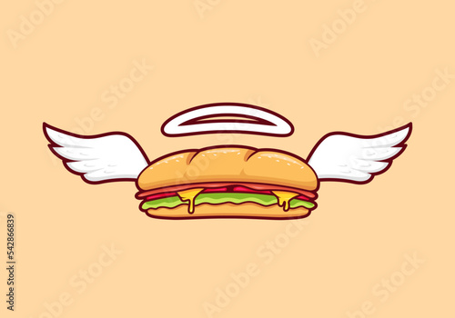 submarine bread baguette sandwich with wing flying, angel baguette sandwich with wing bread illustration photo
