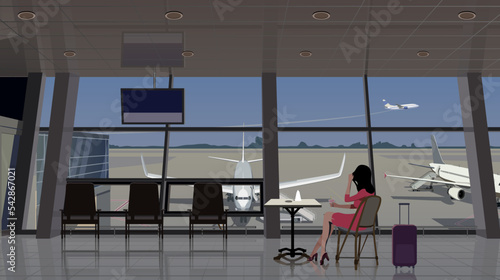 A girl in a cafe at the airport, near the window overlooking the planes. Vector.