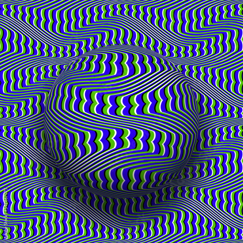 Optical illusion moving patterned background with reverse spinning sphere.