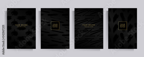 Covers strict elegant design in black tones. Vector set of patterns with abstract texture. Background templates for invitation, flyer, poster, brochure, postcard.