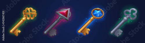 Vintage old keys of house door lock. Symbol of secret, security, magic objects. Ancient golden and metal keys with ornate and gemstones isolated on background, vector cartoon game icons set