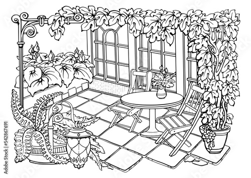 Romantic Secret Garden. Coloring Pages. Anti-stress colouring page. Vector.