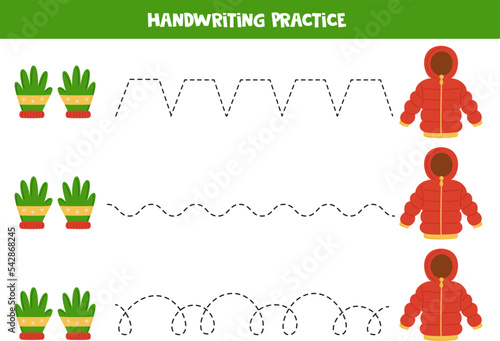 Tracing lines for kids. winter jacket and gloves. Writing practice.