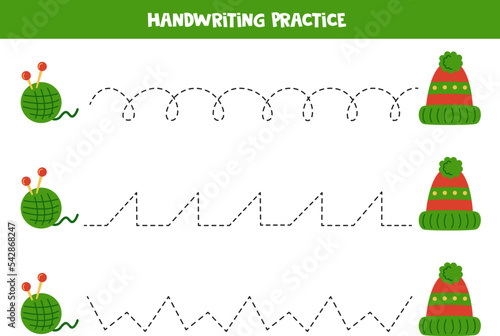Tracing lines for kids. winter hat. Writing practice.
