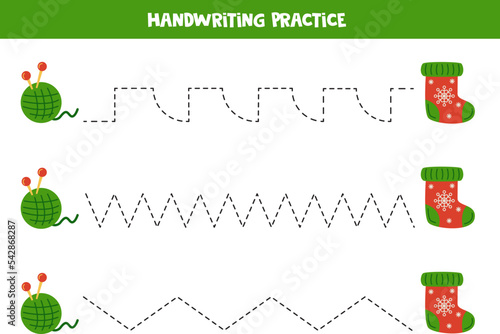 Tracing lines for kids. winter sock. Writing practice.