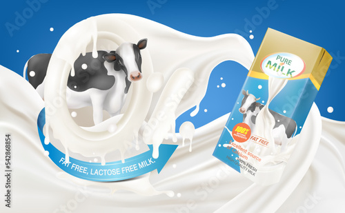 Milk or Yogurt liquid splashing and packaging mock up of Cow dairy cattle with 0% percentage on solid color background. Realistic vector in 3D elements. Food and Drink concepts.