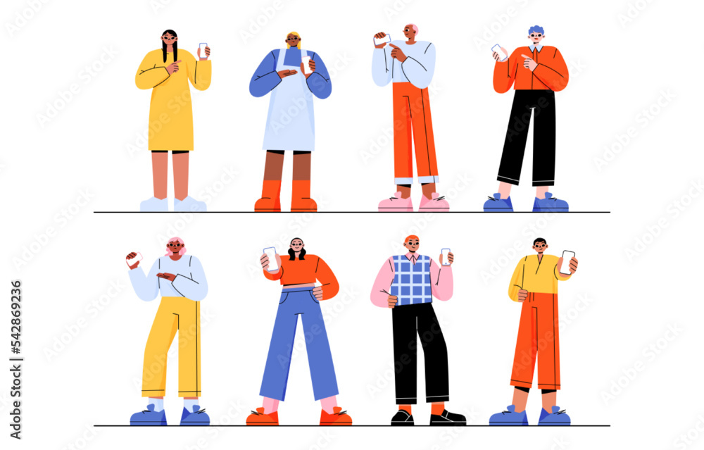 People show screen of phone. Men and women point on empty display of mobile, male and female characters presenting smartphone apps. Connection, advertisement concept, Linear flat vector illustration People show screen of phone. Men and women point on empty display of mobile, male and female characters presenting smartphone apps. Connection, advertisement concept, Linear flat vector illustration
