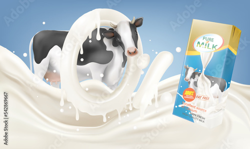 Milk or Yogurt liquid splashing and packaging mock up of Cow dairy cattle with 0% percentage on solid color background. Realistic vector in 3D elements. Food and Drink concepts.