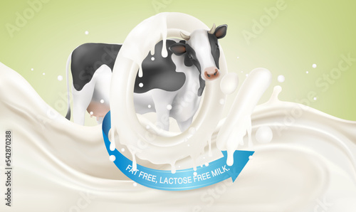 Milk or Yogurt liquid splashing and packaging mock up of Cow dairy cattle with 0% percentage on solid color background. Realistic vector in 3D elements. Food and Drink concepts.