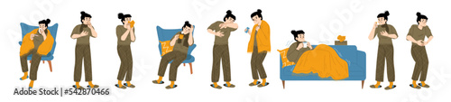 Sick woman, person with flu symptoms. Diseased female character cough, sneeze, headache, sore throat, runny nose, fever. Viral infection and respiratory illness Cartoon linear flat vector illustration