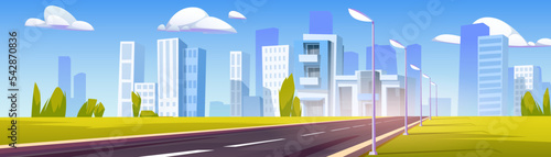Highway, empty road to city with skyscraper buildings and modern houses. Two-lane asphalted way perspective view with street lamps and green field by sides, urban cityscape Cartoon vector illustration