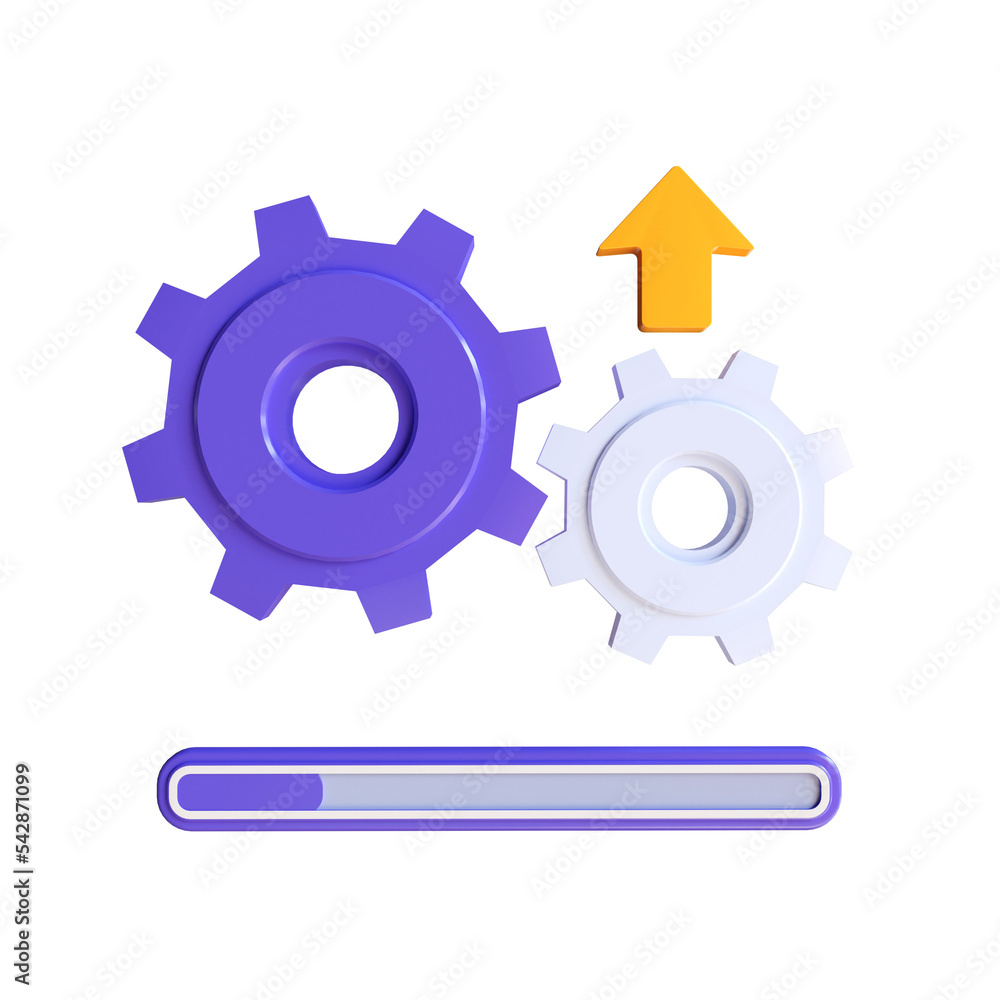 Update icon with gears. Loading or updating files, install new software, operating system, update support, setting options, maintenance, adjusting app process, 3d rendering Update icon with gears. Loading or updating files, install new software, operating system, update support, setting options, maintenance, adjusting app process, 3d rendering