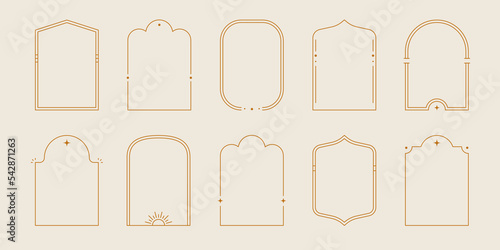 Line arch frame set. Minimal line style arch, oval shape boho frame element for badge, logo design. Vector illustration.