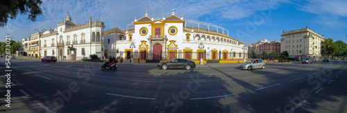 Panorámica de la fachada de plaza de toros de Sevilla, España photo