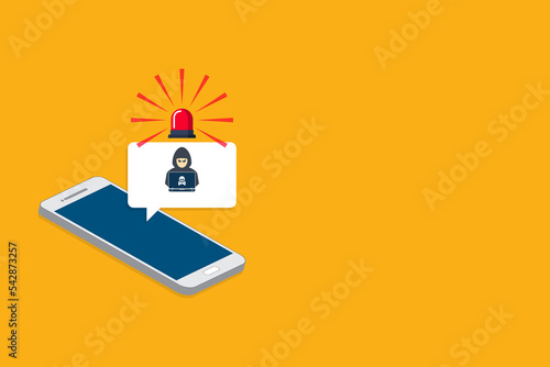Hacker, malware notification on mobile phone. Smartphone with hacker alert, spam data on cellphone fraud error message, scam, virus. 