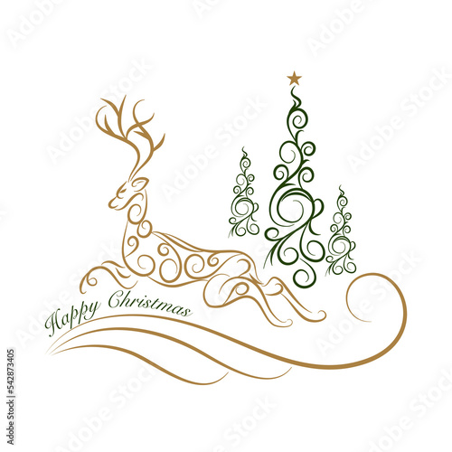 Luxury Christmas reindeer with pine tree swirl calligraphic vector for card design 