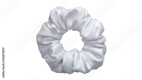 Hair scrunchie as hair tie in beautiful white color made out of satin fabric with white background, so elegant and fashionable. A great hair tie accessory for girls and women.