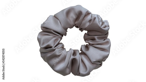 Hair scrunchie as hair tie in beautiful dark gray color made out of satin fabric with white background, so elegant and fashionable. A great hair tie accessory for girls and women.