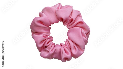 Hair scrunchie as hair tie in beautiful pastel pink color made out of satin fabric with white background, so elegant and fashionable. A great hair tie accessory for girls and women.