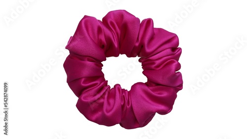 Hair scrunchie as hair tie in beautiful fuchsia color made out of satin fabric with white background, so elegant and fashionable. A great hair tie accessory for girls and women.