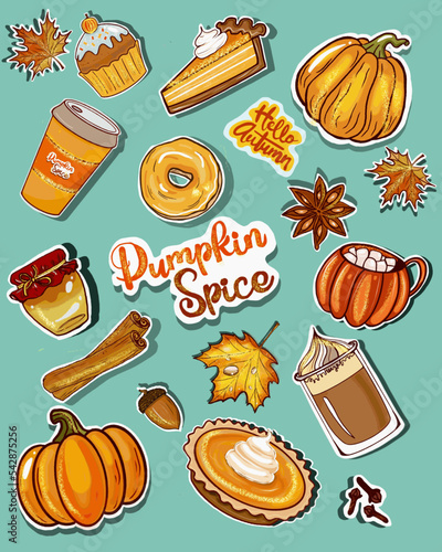 Pumpkin spices sticker set vector, hand drawn. Set of pumpkin stickers, coffee, pumpkin latte, cinnamon, star anise, pumpkin pie, cupcake. Autumn stickers for stickerbook, diary, print