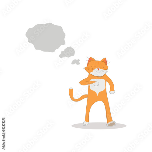 red cat walks with a cheerful gait and thinks about something, on a white background