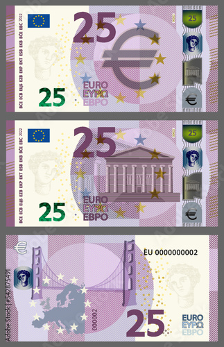 Vector new paper game money in the style of the European Union. Lilac 25 euro banknote with retro building and bridge. Obverse and reverse