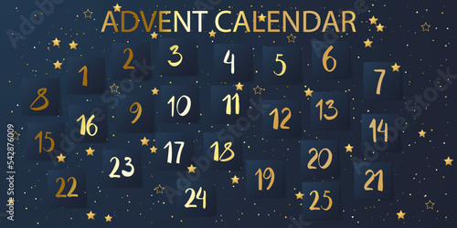 Christmas advent calendar. Cute Christmas ornaments with number of day december. Christmas poster countdown. Flat lay design great for poster, winter postcard, seasonal wallpaper. Vector illustration