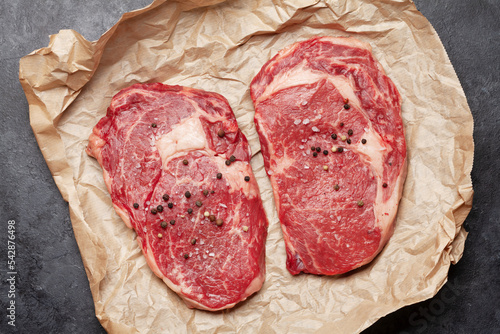 Two raw ribeye beef steaks