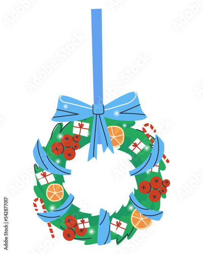 Spruce wreath with lollipops, oranges and gifts hangs on a ribbon. Traditional winter holiday decoration. Flat vector illustration, eps10