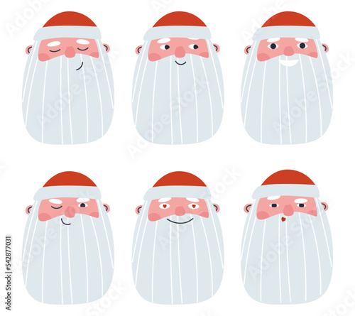 Head of an elderly man with a beard and different emotions. Set of moods for Santa Claus. Flat vector illustration, eps10