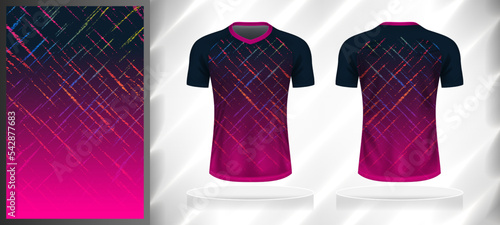 Vector sport pattern design template for V-neck T-shirt front and back with short sleeve view mockup. Dark and light shades of black-pink color gradient abstract grunge line texture background.