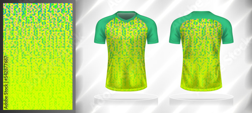 Vector sport pattern design template for V-neck T-shirt front and back with short sleeve view mockup. Green-yellow-pink color gradient abstract texture background illustration.